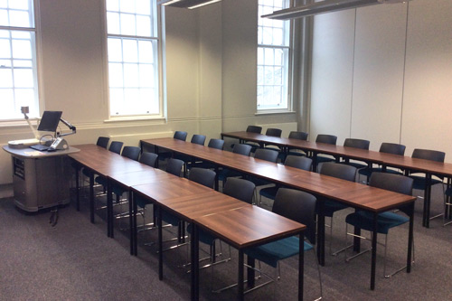 A108, College building, Three rows of eight chairs and desks
