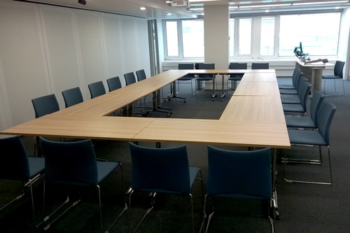 View of the room with boardroom layout, from the door
