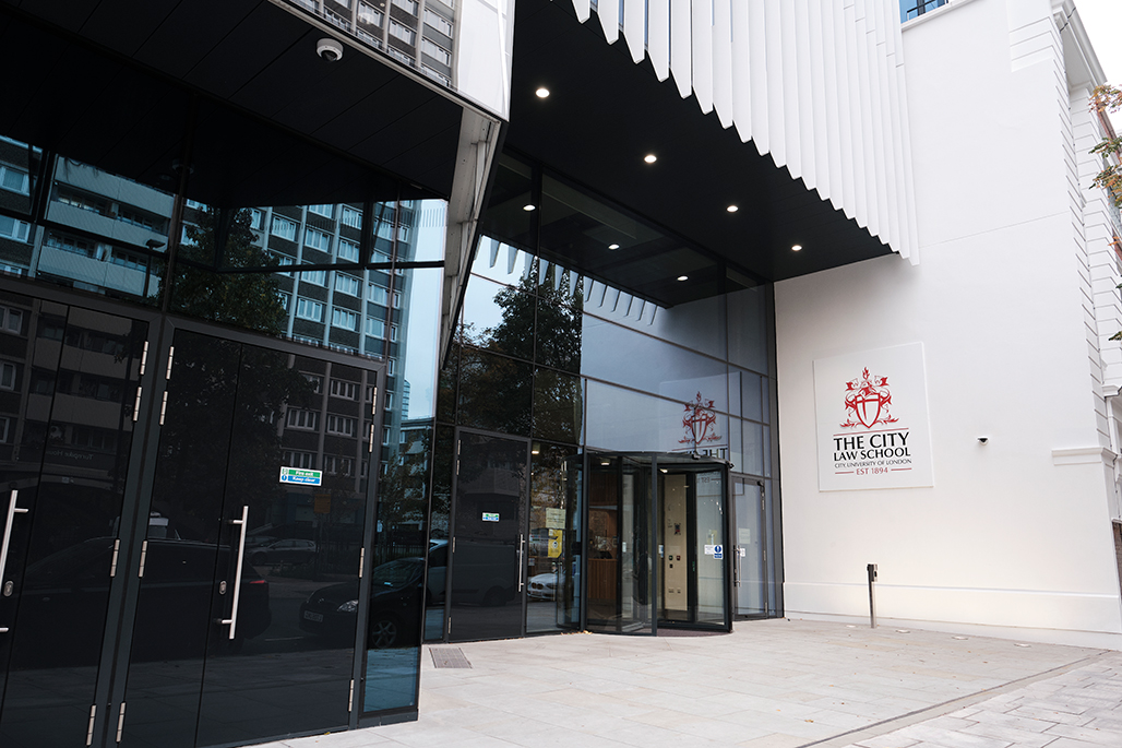 Exterior of City Law School entrance and logo